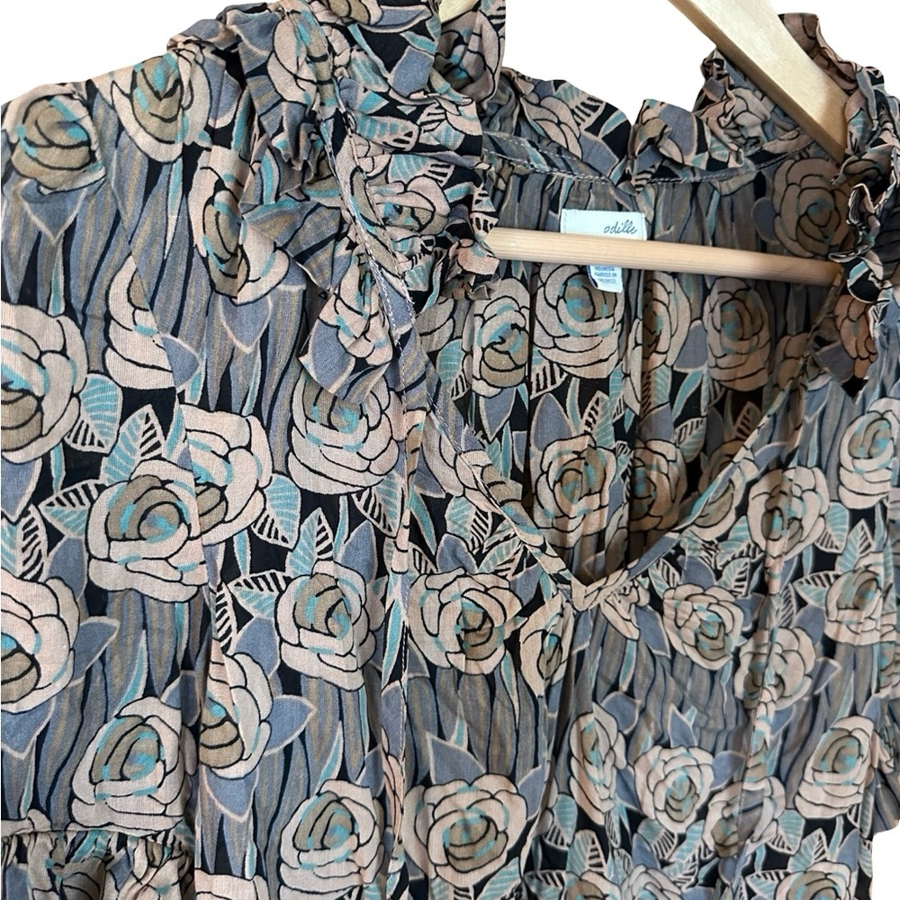 Anthropologie Odille Floral Short Sleeve Ruffle Blouse Sz 4 - Picture 4 of 9
